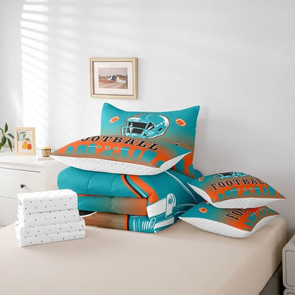 Erosebridal Football City 7 Piece Bedding Set Sports Rugby Queen Comforter Set with Sheets for Kids Boys Girls Teen,American Soccer Sports Theme Bed in A Bag Unique City Silhouette Bed Set
