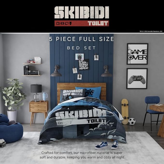 Skibidi Toilet Gamer Bedding 5 Piece Super Soft Reversible Comforter and Sheet Set Full, (Officially Licensed Product) by Franco