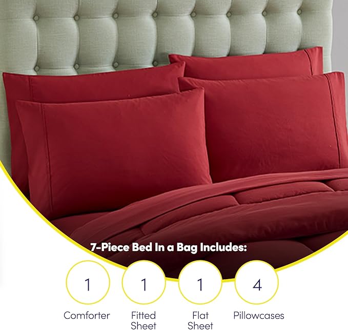 King Size Comforter Set with Sheets - 7-Piece Bedding Collection - 1 Comforter, 1 Fitted Sheet, 1 Flat, 4 Pillowcases - Deep Pocket - Soft & Premium Quality - Ideal for All Seasons, Burgundy