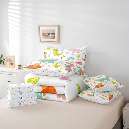 jejeloiu Kids Cartoon Dinosaur 7 Piece Bedding Set Queen Size Cute Dinosaur Comforter Set with Sheets for Boys Girls Teens Cute Flower Bed in a Bag Animal Bed Set