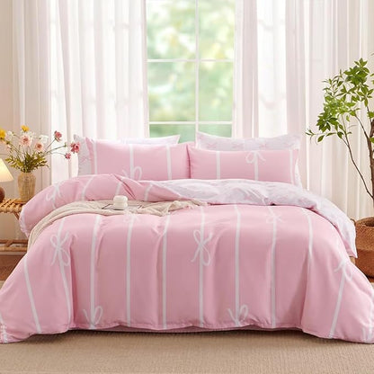 Pink Comforter Set Full 3 Pieces Pink Bow Bedding Set for Girls Kids, 100% Microfiber, Cute Coquette Bowknot Comforter with 2 Pillowcases, Soft Lightweight, Pink White