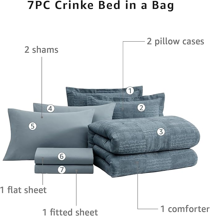 MaiRêve King Comforter Set Dusty Blue, Textured Design Crinkle Bedding Sets 7 Pieces, All Season Bed in A Bag with Comforter, Sheets, Pillowcases & Shams