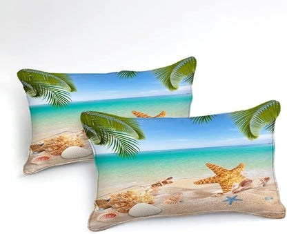 MOVE OVER 4 Pieces King Size Ocean Beach Bedding Set Coastal Bedding Set Starfish and Shells Pattern Ocean Comforter Set for Boys Girls and Teens Tropical Palm Tree Printed Beachy Comforter Set