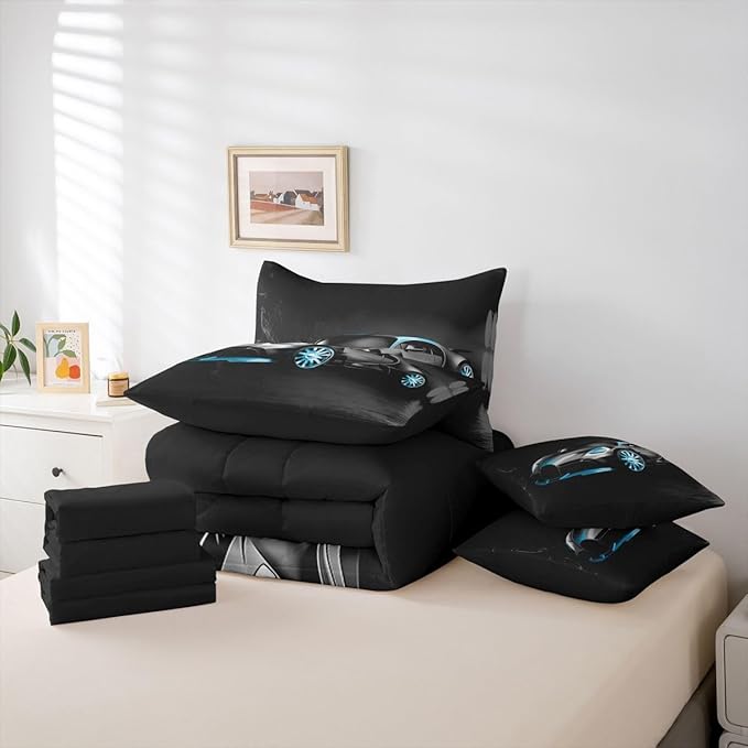 Sports Car 7 Piece Bedding Set Stylish Black Race Car Comforter Set with Sheets for Kids Boys Girls Extreme Sports Theme Bed in a Bag Cool Speed Luxury Car Decor Bed Set with 2 Pillowcases King