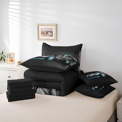 Sports Car 7 Piece Bedding Set Stylish Black Race Car Comforter Set with Sheets for Kids Boys Girls Extreme Sports Theme Bed in a Bag Cool Speed Luxury Car Decor Bed Set with 2 Pillowcases King