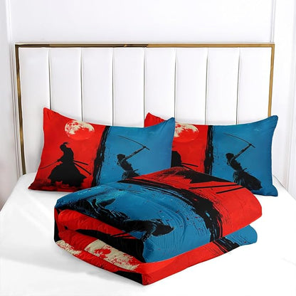 Japanese Comforter Set Full Size,Blue Red Bedding Set for Boys Kids,3 Pieces Soft Fluffy Microfiber Bed Set with 2 Pillowcases/79 * 90