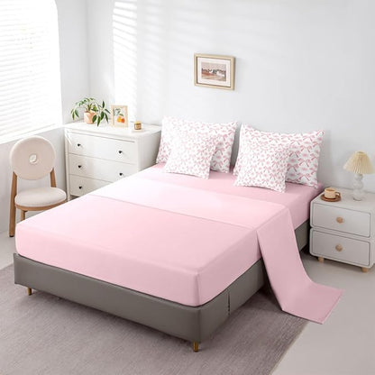 Feelyou Pink Bow Comforter Set Twin Size 7 Pieces Groovy Flower Daisy Bedding Set for Kids Boys Girls Cute Bowknot Bed in a Bag with Comforter, Sheets, Pillowcases, Cushion Covers Kawaii