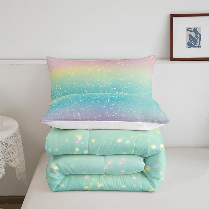 Rainbow Comforter Set King Size Tie Dye Pastel Bedding Comforter Sets for Boys Girls Kids Bedroom Decor, Glitter Galaxy Bedding Ink Pastel Printing Duvet Insert with 2 Pillowcases, Pink Blue Yellow