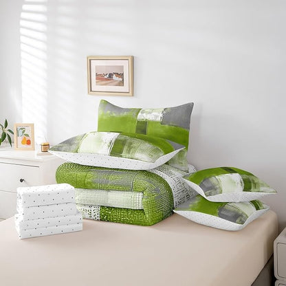Erosebridal Grass Green White Gray Bedding Comforter Sets 7pcs Abstract Bedding Set, Grunge Twin Size Comforter Set (1 Comforter, 1 Fitted Sheet, 1 Flag Sheet, 2 Pillowcases, 2 Throw Pillow Covers)