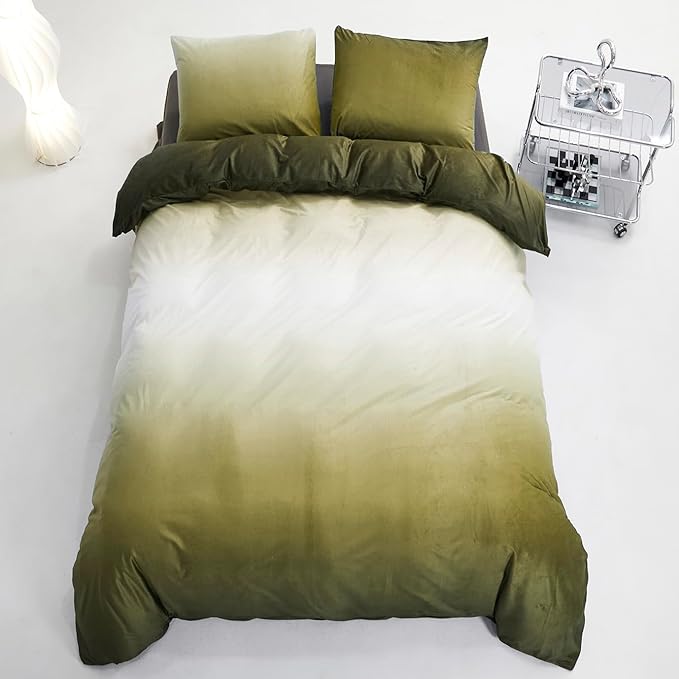 Karever Green Velvet King Gradient Olive Green Bedding Comforter Set - Women's Plain White and Army Green Gradient Soft Quilt Flannel Dark Green Comforter for Warm King Bed