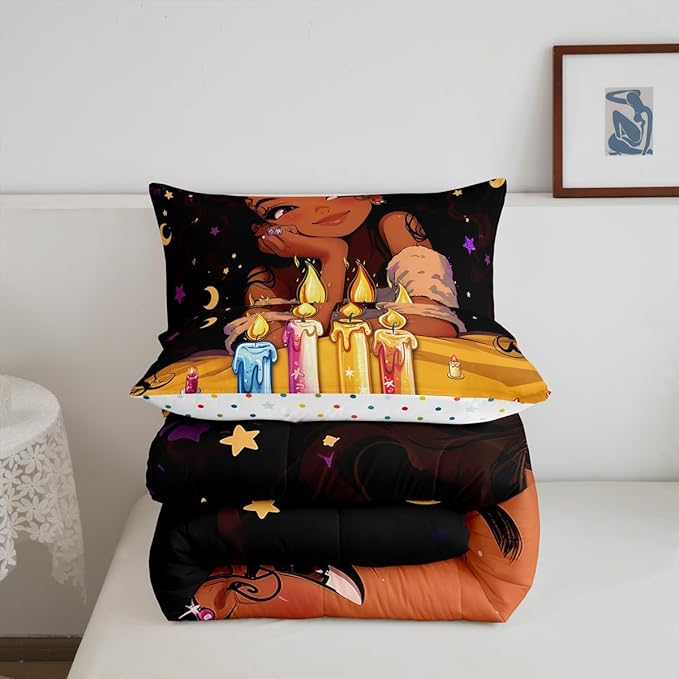 Afro Girls Bedding Comforter Sets American African Princess Magical Comforter Set Black Hair Girl Quilt Full,Kawaii Room Decor for Kids Teens Toddler Girls,Happy Birthday Decorations