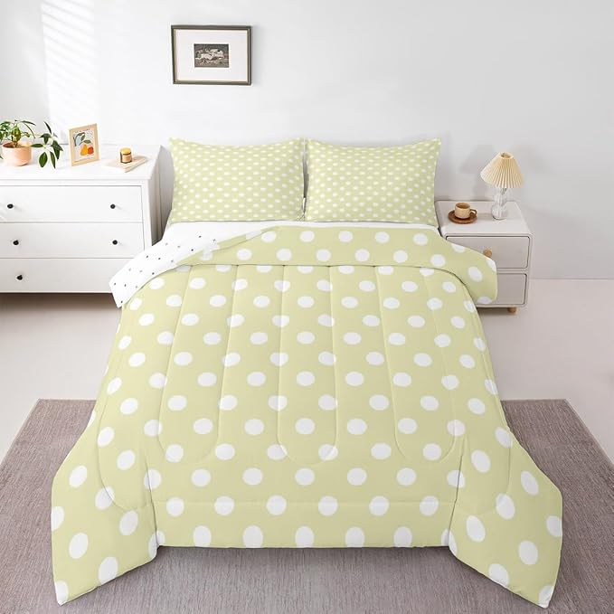 Manfei Polka Dots Comforter Set,Abstract Geometric Circles Simple Art Bedding Set for Kids Teens Bedroom,Cartoon French Style Dots Yellow Green White Quilt Set 2 Pcs with 1 Pillowcase,Twin