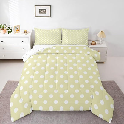 Manfei Polka Dots Comforter Set,Abstract Geometric Circles Simple Art Bedding Set for Adults Living Room,Cartoon French Style Dots Yellow Green White Quilt Set 3 Pcs with 2 Pillowcases,King
