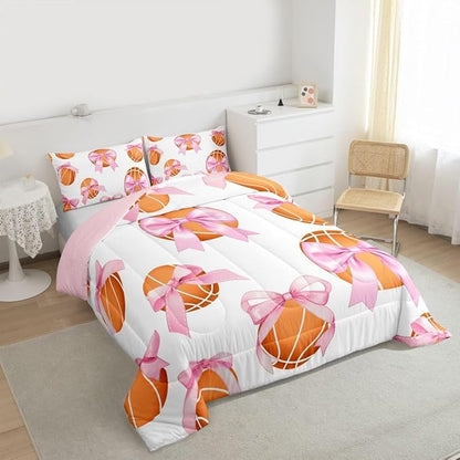 Bowknot Basketball Comforter Set King Size,Pink Bow Knot Print Bedding Sets 3Pcs for Kids Girls Women Room Decor,Ball Sport Games Theme Duvet Insert Cute Cartoon Girly Down Comforter,2 Pillowcases
