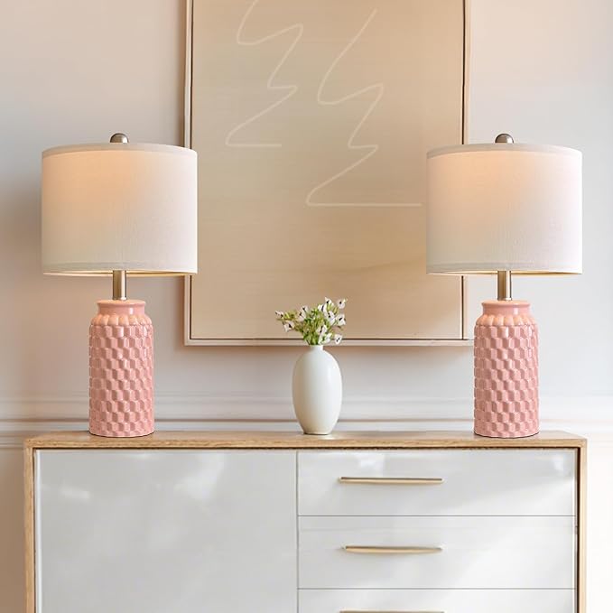 20.5" Set of 2 Bedside Table Lamps Modern Pink Honeycomb Ceramic - Linen Shade, E26 Knob Switch for Living Room, Bedroom & Nightstand
