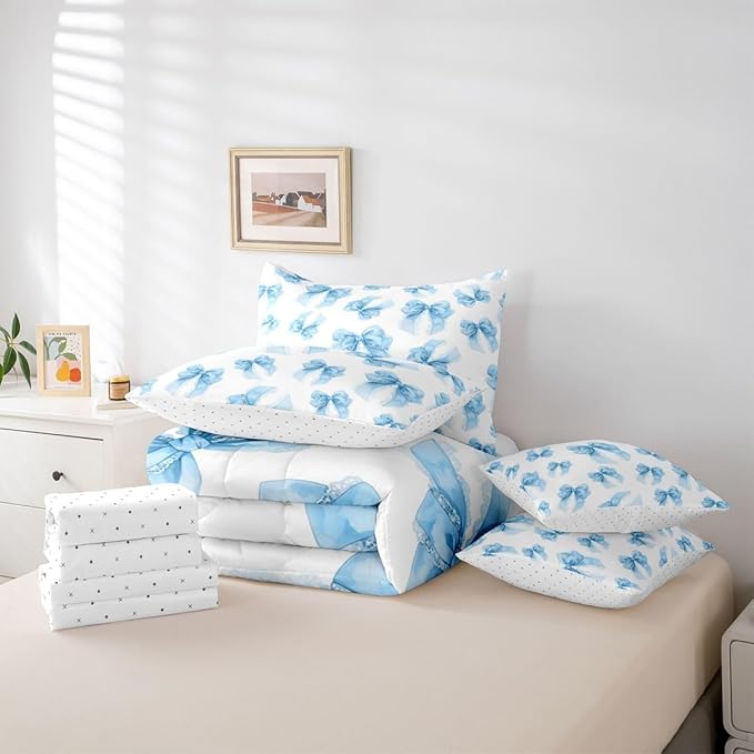 Erosebridal Kawaii Cute Girls Bowknot Blue Comforter Set Queen Size 7 Pieces | Lace Dreamy Bed in A Bag Princess Bed Set Bow Kids Bedding