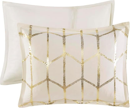 Intelligent Design Raina Twin / Twin XL Comforter Set, Soft Microfiber Comforter Set Twin, Modern Geometric Metallic Bed Set, 4 Pieces College Bedding Comforter Set with 1 Sham, 2 Toss Pillows Ivory