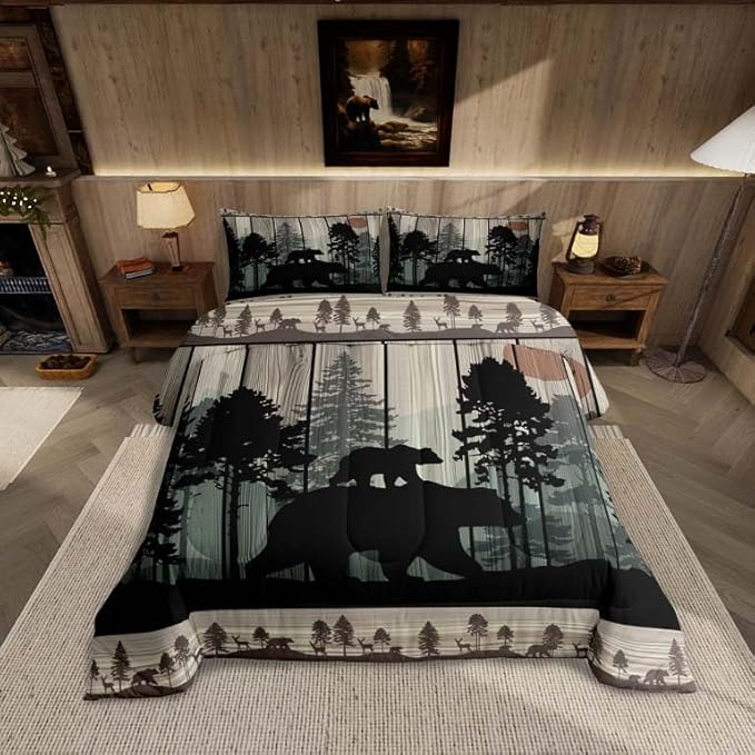 Feelyou Western Farmhouse Bedding Comforter Sets Queen Size, Cabin Lodge Bedding Sets, Hunting Bear Deer Comforter Set, Country Retro Duvet Insert, Rustic Woodland Pine Tree Quilt, Black Brown