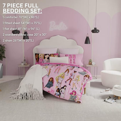 Franco Barbie Barbiecore Bedding Super Soft Comforter and Sheet Set with Sham, 7 Piece Full Size, (Official Licensed Product)