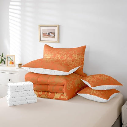 Erosebridal Gothic Damask 7 Piece Comforter Set Full Bed in a Bag,Butterfly Skull Bedding Sets Orange and Yellow Victorian Floral Goth Sheet Set with Comforter