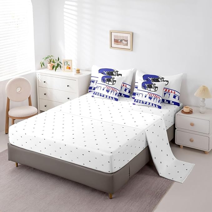 Erosebridal Football 7 Pcs Comforter Set Full Football City Bedding for Kids Blue Grey Football Fans Sheet Set Bed in A Bag Rugby Game Bedroom Decor Sports Ball Competition Bed Set