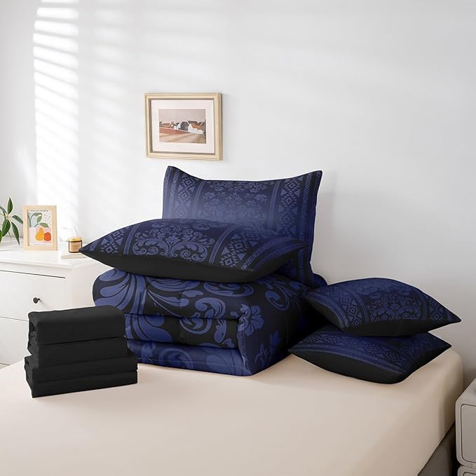 Comforter Set Twin Size, Dark Blue Aztec Damask 7 Pcs Bedding for Kids and Adults, Victorian Decor Western Baroque Goth Bed Sheet Sets with Fitted Sheet 2 Pillowcases & 2 Shams for Bedroom Bed Decor