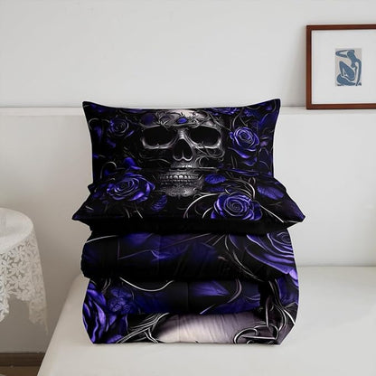 Erosebridal Gothic Skull Bedding Set for Adluts Kids Teens Halloween Goth Queen Comforter Set Vintage Victorian Romantic Navy Blue Rose Floral Quilt Spooky Skeleton Boho Horror Bedding,Gothic Decor