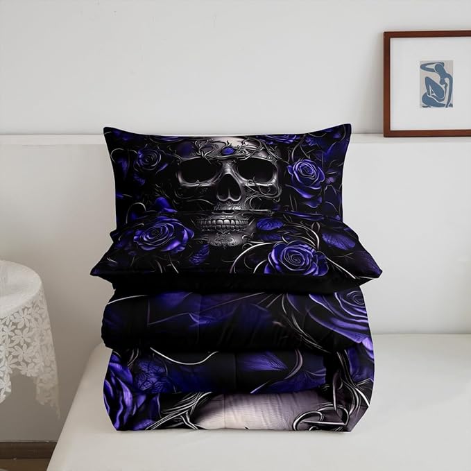 Erosebridal Gothic Skull Bedding Set for Adluts Kids Teens Halloween Goth Toddler Comforter Vintage Victorian Romantic Navy Blue Rose Floral Quilt Spooky Skeleton Boho Horror Bedding,Gothic Decor