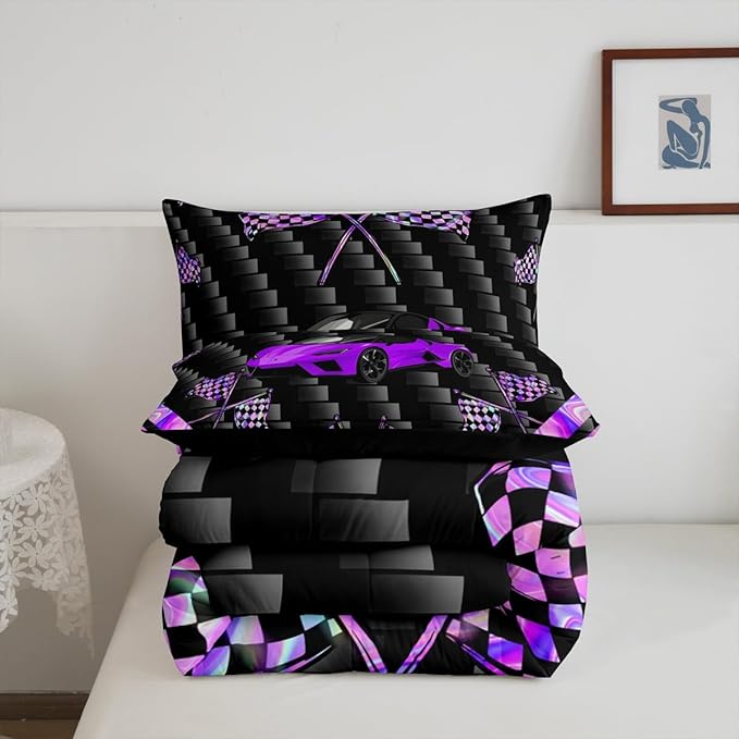 jejeloiu Purple Race Car Bedding Set King Size Extreme Sports Comforter Set for Kids Teens Adult Fast and Furious Duvet Set Dazzling Flag Quilt Set 3Pcs