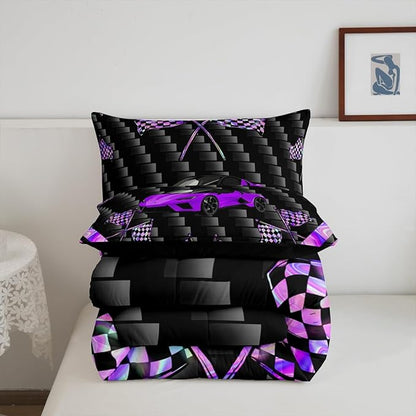 jejeloiu Purple Race Car Bedding Set King Size Extreme Sports Comforter Set for Kids Teens Adult Fast and Furious Duvet Set Dazzling Flag Quilt Set 3Pcs