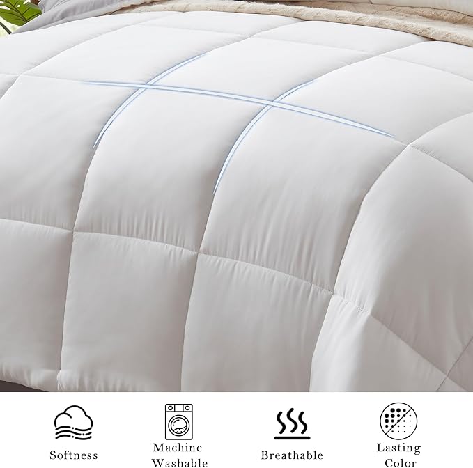 Anluoer King Size Bed in a Bag 7 Pieces, White Comforter Set with Sheets, All Season Bedding Sets with 1 Comforter, 2 Pillow Shams, 2 Pillowcases, 1 Flat Sheet, 1 Fitted Sheet