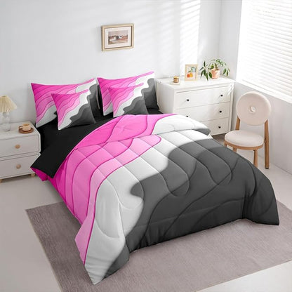 Erosebridal Pink Grey Black Ombre Bed in a Bag 7-Piece Kids Teens Adults Geometric Stripe Bedding Set, Aesthetic Wave Full Size Comforter Set Modern Abstract Bedding Comforter Sets, Gradient Bed Set