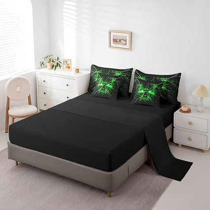 Erosebridal Gothic Bed in a Bag King Size Comforter Set 7 Pieces,Sugar Skull Spooky Bone Goth Bedding Set,Green Lightning Comforter and Sheet Set,Exotic Halloween Skeleton Decorations