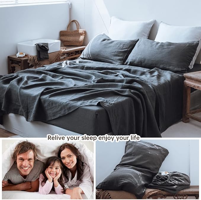 Simple&Opulence Washed Linen Bed Sheet Set Basic Style 4 Pieces (1 Flat Sheet & 1 Fitted Sheet & 2 Pillowcases) 100% Natural French Flax Soft Breathable Farmhouse Bedding (Queen, Dark Grey)