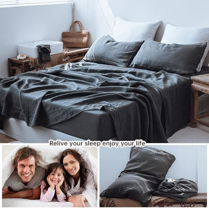 Simple&Opulence Washed Linen Bed Sheet Set Basic Style 4 Pieces (1 Flat Sheet & 1 Fitted Sheet & 2 Pillowcases) 100% Natural French Flax Soft Breathable Farmhouse Bedding (Queen, Dark Grey)