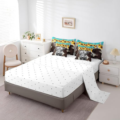 Erosebridal Highland Cow 7 Pcs Comforter Set King (Not Real) Cowhide Bed in a Bag Sunflower Floral Duvet Insert Cow Fur Flat Sheet Rustic Blue Wooden Barn Door Quilt Funny Farm Animals Bedding Set