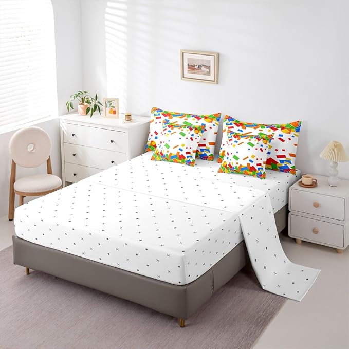 Cartoon Construction Bedding Sets Queen Size 7 Pcs,Watercolor Building Block Comforter Set for Kids Child Boys Girls Room Decor,Brick Games Fitted Flat Sheet with 2 Throw Pillow Covers 2 Pillowcases