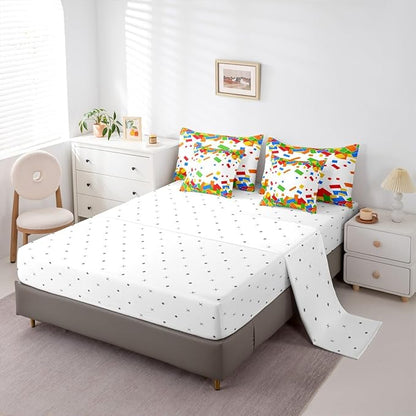Cartoon Construction Bedding Sets Queen Size 7 Pcs,Watercolor Building Block Comforter Set for Kids Child Boys Girls Room Decor,Brick Games Fitted Flat Sheet with 2 Throw Pillow Covers 2 Pillowcases