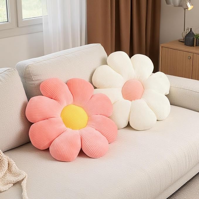 2 Pcs Flower Pillow Decorative Throw Pillows for Bed Couch Sofa Chair, 15.35" Cute Aesthetic Daisy Shaped Throw Pillows Floor Cushions for Bedroom Room Dorm Classroom (White, Orange Pink, 15.35 Inch)