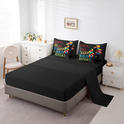 Feelyou Colorful Toy 7 Piece Bedding Set Teen Women Men Funny Building Blocks Decoration Comforter Set with Sheets Twin Size Kids Boys Cute Games Bed in a Bag Colorful Geometric Brick Room Decor