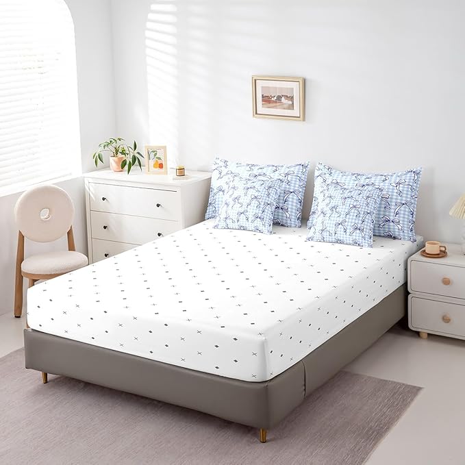 Feelyou Kawaii Bow Bedding Set for All Season Plaid Girls Bow 7 Pieces Comforter Sets Queen Size Teens Room Decor Cute Bowknot Bed in a Bag with Comforter, Sheets, Pillowcases & Cushion Cover