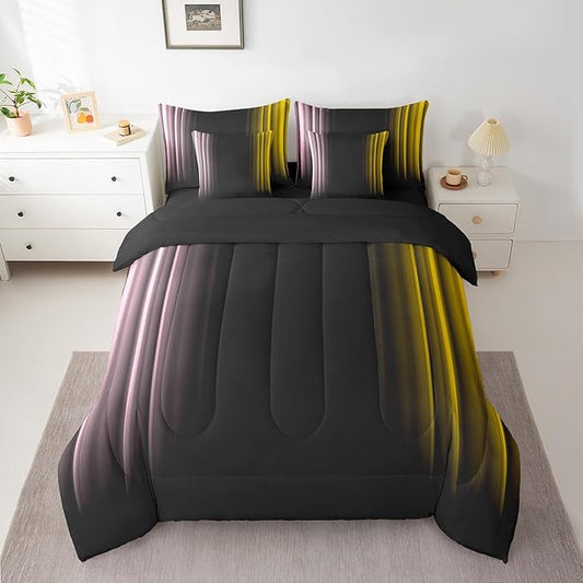 Feelyou Teens Abstract Ombre Decorations Bed in a Bag for Kids Women Pink Yellow and Black Comforter Set with Sheets Geometric Modern Bed Set Room Full Size