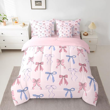 Erosebridal Ribbon Full Comforter Set 7 Pieces Bowknot Bed in A Bag for Bedroom Fairy Kawaii Sweet Bow Dreamy Bedding Set with Comforters, Sheets, Pillowcases Pink Blue Room Decor