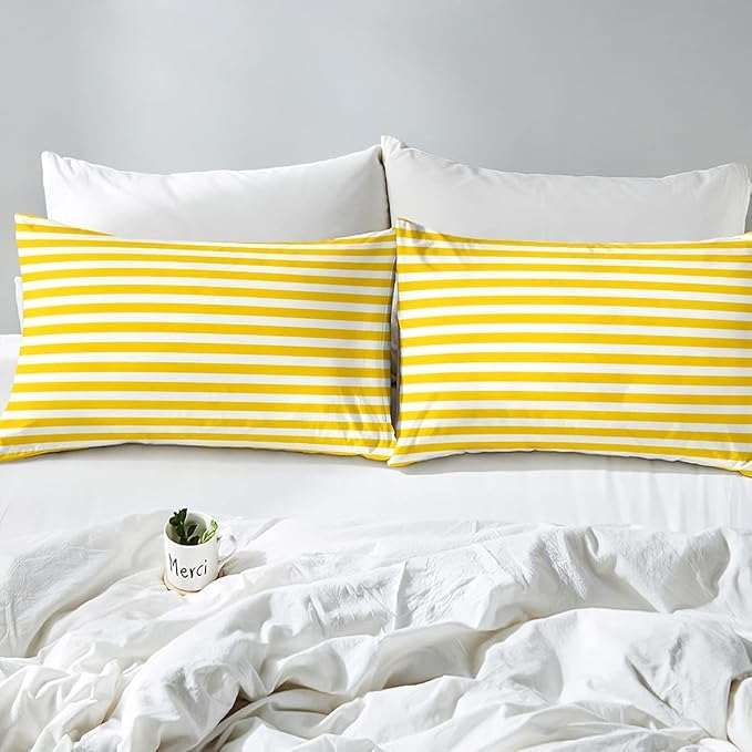 Stripe Bedding Set Yellow White Striped Comforter Set King Farmhouse Ticking Stripes Down Comforter Gothic Home Decor Horizontal Stripes Geometric Lines Reversible Duvet Set Kids Girls Women