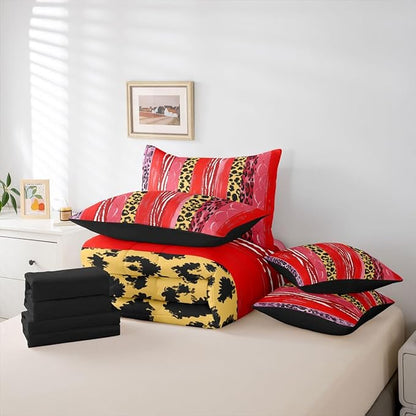 Erosebridal Stripe White Gold Red Leopard Print Women Full Comforter Set 7 Pieces | Geometric Cheetah Fur Bed in A Bag for Bedroom Animal Skin Pattern Bedding Set with Comforters Men Adults Room Decor