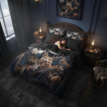 Hunting Comforter Set Full Size, Wild Animal Print Bedding Set, 3 Pieces Jungle Bedroom Decor with 2 Pillowcases/79 * 90