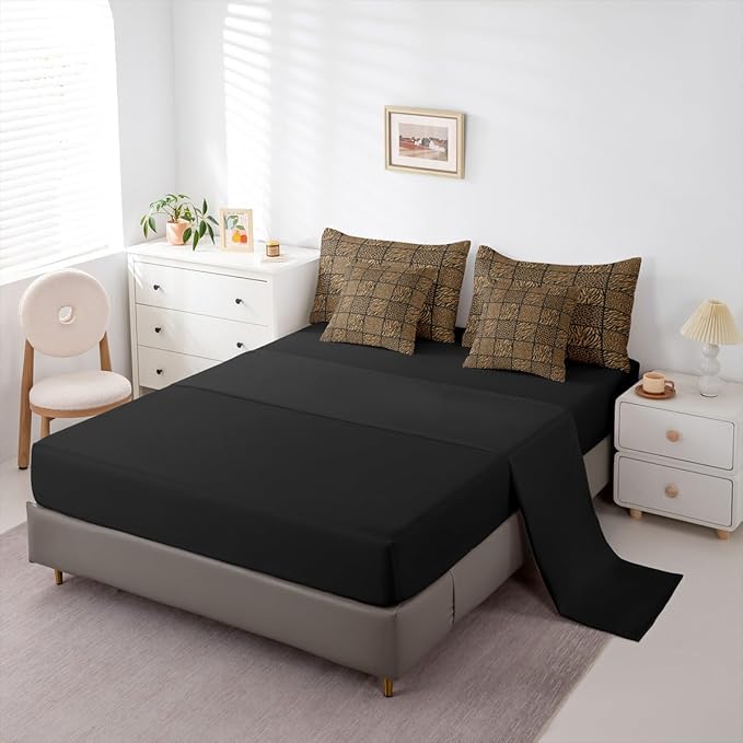 Brown Leopard Print Kids Bed Sets in a Bag 7 Pieces,Cheetah Zebra Skin Comforter Set Twin,Geometric Grid Splicing Bedding Set with 1 Comforter,2 Sheets,2 Pillowcases & 2 Throw Pillow Covers