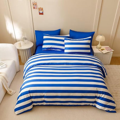 CLOTHKNOW Blue Striped Full Size Comforter Sets 3Pcs Farmhouse Bedding Comforter Sets Boho Bedding Soft Comforter with 2 x Pillow Cases