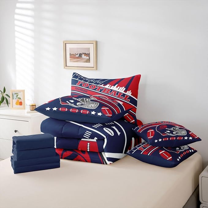 Feelyou Football 7 Pieces Comforter Sets Queen Size Kids Bedding Set for All Season Rugby Sports Football City Bed in a Bag with Comforter, Sheets, Pillowcases & Cushion Cover