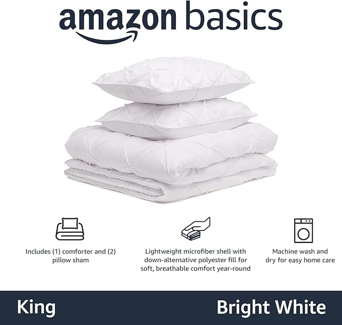 Amazon Basics 3-Piece All-Season Soft Down-Alternative Lightweight Microfiber Comforter Bedding Set, Pinch Pleat Design with Piped Edges, King, Bright White